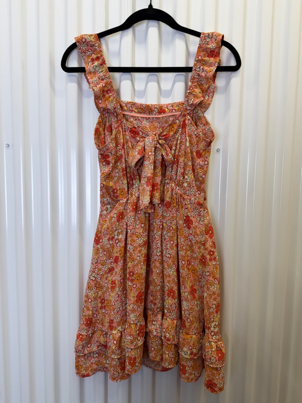 Jessica Simpson S Floral Mini Dress Pink Orange Tie Front Ruffle Hem Summer Boho - Picture 3 of 4